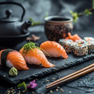 Top view of Japanese sushi set on black concrete background.